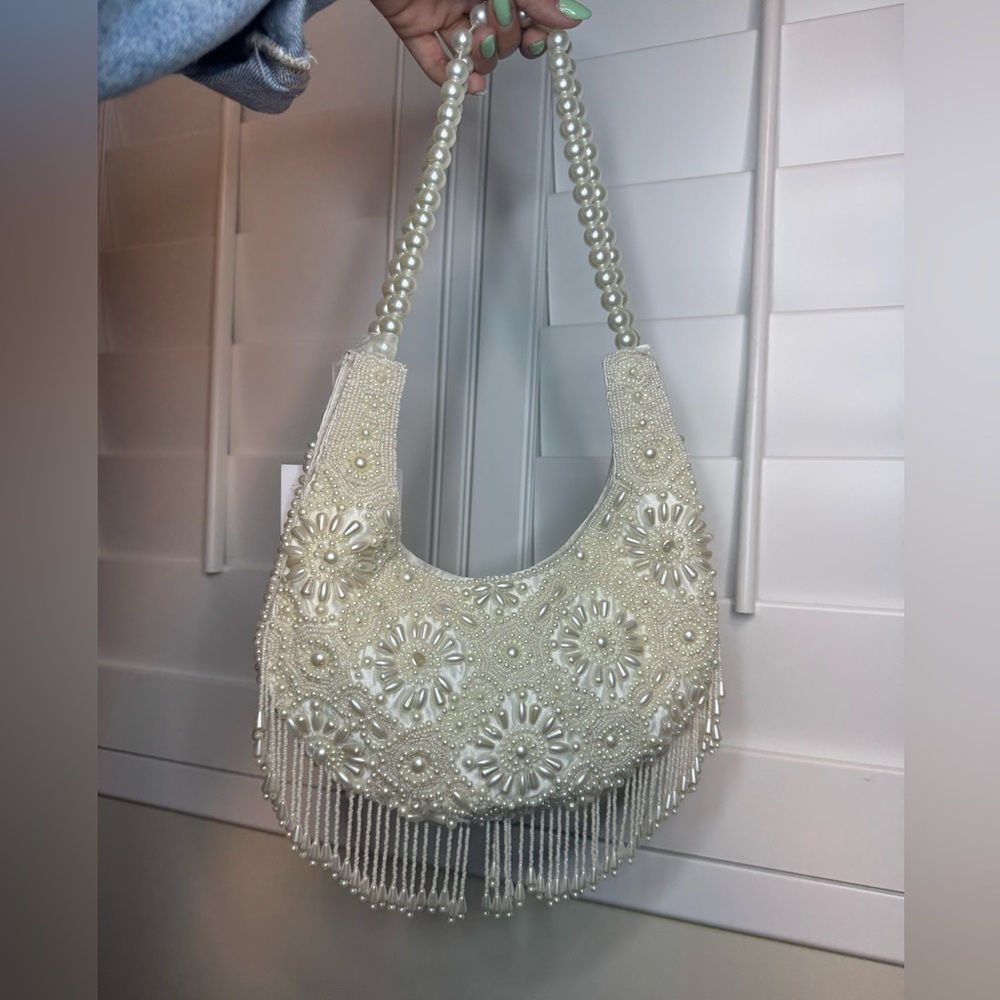 NWT Handmade Pearl Beaded Hobo Bag with Fringe